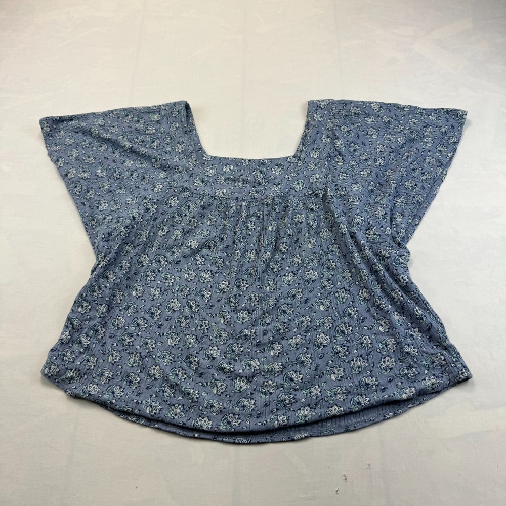 Lucky Brand Blouse Top Womens M Blue Botanical Floral Flutter Sleeve Square Neck
